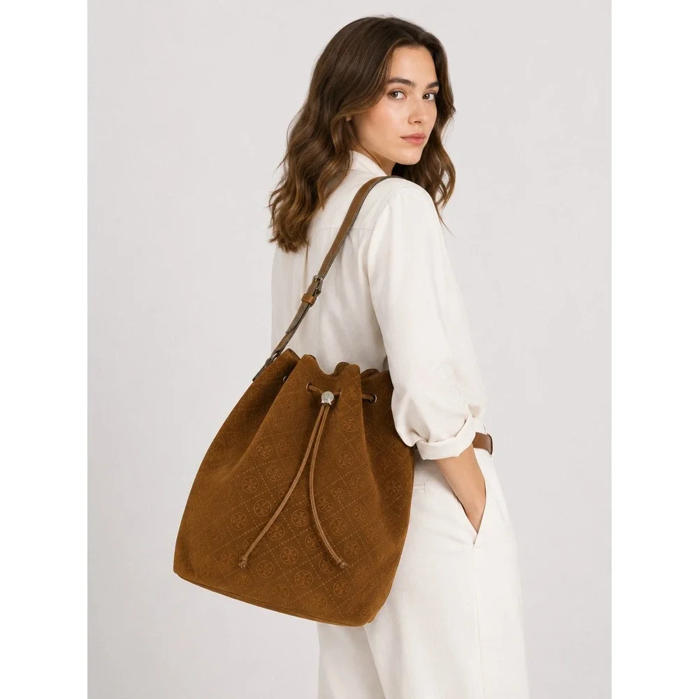 NWT Tory Burch T Monogram Suede Oversized Bucket Bag OS Chicory Brown Drawstring